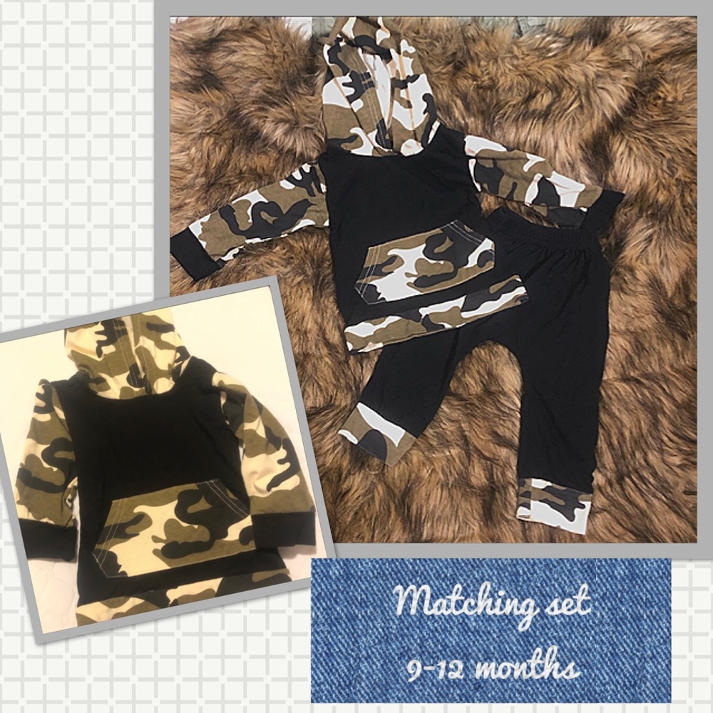 2 piece set Catpapa brand black and camo hoodie
